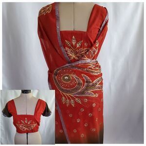 Handmade Women’s Saree & Choli Small Red Brown Silver Gold Embroidered Sequins